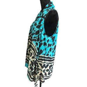 INC Womens Sleeveless Turquoise & Black Animal Print Open Front Vest Drape Style